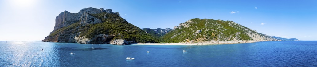 Panorama, picturesque rocky coast, cliffs and Cala Sisine beach, aerial view, Golfo di Orosei,
