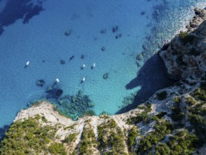 Picturesque rocky coast, cliffs and turquoise blue sea, top-down, aerial view, Golfo di Orosei,