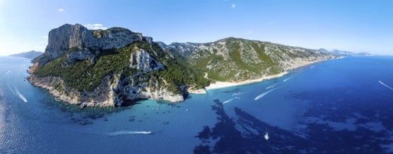 Picturesque rocky coast, cliffs and Cala Sisine beach, aerial view, Golfo di Orosei, Baunei,