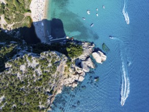 Picturesque rocky coast, cliffs and Cala Luna beach, aerial view, top-down, Golfo di Orosei,