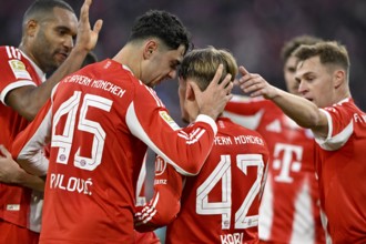 Goal cheers Lennart Karl Bayern Munich FCB (42) Aleksandar Pavlovic FC Bayern Munich FCB (45)