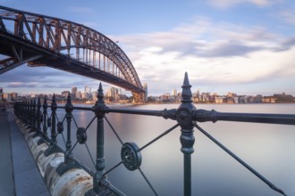 The Sydney Harbour Bridge and CBD skyscrapers in the evening light. View of Sydney's Central