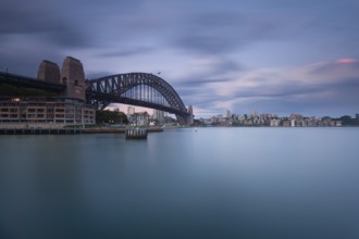 The Sydney Harbour Bridge and Kirribilli at late twilight, soft transition period, long-term view