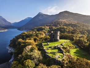 Autumn over Ruins of Dolbadarn Castle from a drone, Llanberis, Llywelyn, North Wales, UK