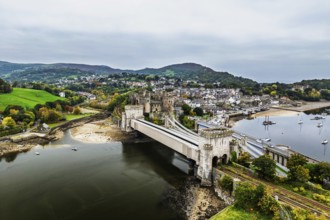 Conwy Castle over River Convy from a drone, Convy, North Wales, England, United Kingdom