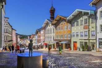 Historic market street with typical gabled houses, Bad Tölz. Isartal, Upper Bavaria, Bavaria,