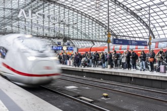 Central Station in Berlin, passengers on the platform, ICE train arrives, Germany