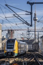Railway line in Berlin, east of Friedrichstraße station, looking east, Berlin TV Tower, ODEG Zug on