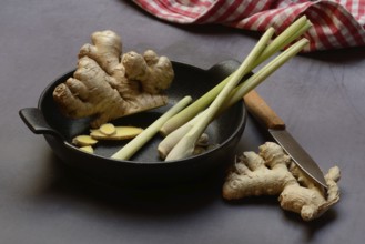 Ginger, ginger root and lemongrass in pot