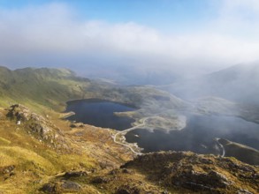 Pyg Track over Llyn Llydaw lake from a drone, Pen-y-Pass, mountain pass, Snowdonia, Gwynedd,