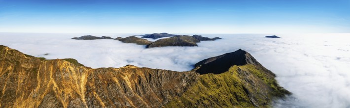 Snowdon Massif from a drone, Snowdon Range, Snowdonia, North Wales, UK
