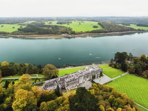 Autumn over Plas Newydd House from a drone, Gardens and Parkland, Llanfairpwllgwyngyll, Anglesey,