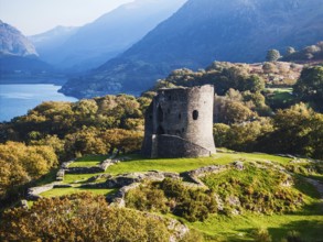Autumn over Ruins of Dolbadarn Castle from a drone, Llanberis, Llywelyn, North Wales, UK