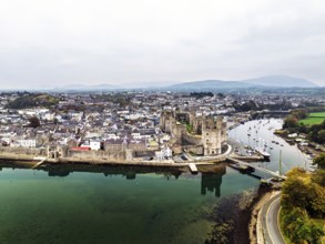Caernarfon Castle from a drone, Caernarfon, Gwynedd, North-West Wales, UK