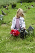 Grieving blonde 7-year-old girl at her dog's grave at pet cemetery in Ystad, Skåne County, Sweden,