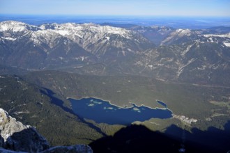 View of Lake Eibsee lake from the mountain station of the Zugspitz cable car (2962 m), Grainau