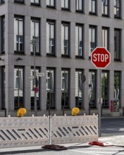 Barriers and signs with traffic signs at road construction sites in Berlin Mitte, Berlin, Germany