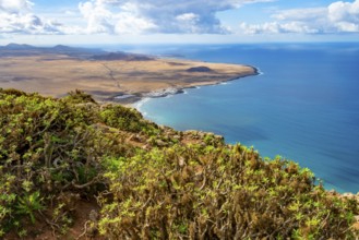 View from the Castillejo viewpoint from the Risco de Famara cliffs to the coast and the sea with