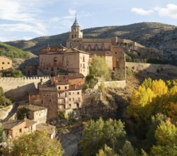 Historic buildings on hillside medieval village of Albarracin, Teruel province, Aragon, Spain