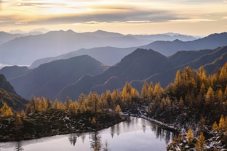 Laghetto dei Saléi mountain lake with autumnal larches (Larix), Onsernone Valley, Canton of Tessin,