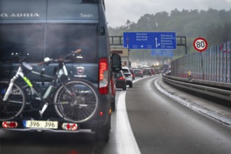 Traffic jam on the A9 motorway, a noise barrier on the right, Hof, Upper Franconia, Bavaria,