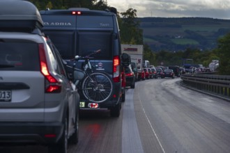 Traffic jam on the A9 motorway, Hof, Upper Franconia, Bavaria, Germany
