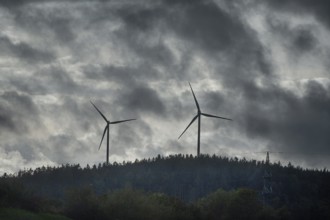 Wind turbines in thunderstorm rain, Bavarian Forest, Bavaria, Germany