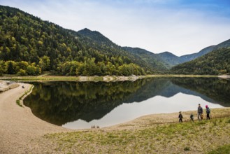 Picturesque mountain lake with water reflections in autumn, Lac de Kruth-Wildenstein, Kruth,