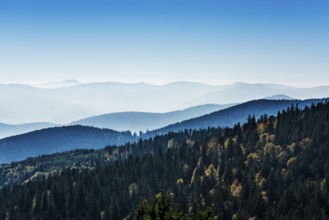 Staggered mountain ranges in haze, at Hohneck, Col de la Schlucht, Vosges, Alsace-Lorraine, Vosges