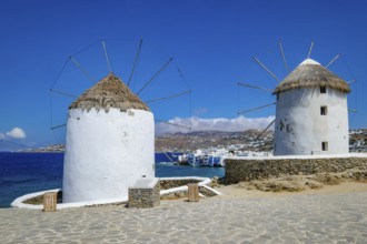 Mykonos, Cyclades, Greece - The six sixteenth-century windmills, lined up on a hill above Mykonos