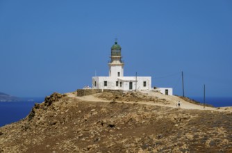 Mykonos, Cyclades, Greece - The Armenistis lighthouse in the north of the island is a landmark and
