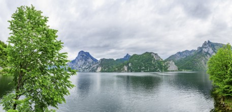 Landscape of Lake Traunsee on a rainy day in spring, Traunstein summit, Traunkirchen,