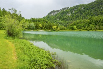 Landscape of Lake Elisabethsee on a rainy day in spring, Austria