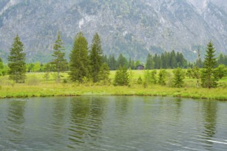 Landscape of Lake Almsee on a rainy day in spring, Salzkammergut, Austria