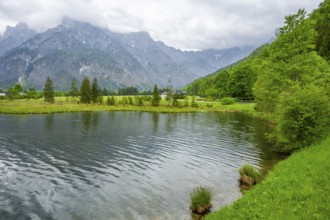 Landscape of Lake Almsee on a rainy day in spring, Salzkammergut, Austria