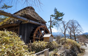 Iyashinosato open-air museum, old Japanese village with traditional houses, at the back volcano Mt.