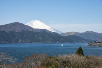 View of Lake Ashi with Mount Fuji volcano, Benten-no-hana Tenbodai viewpoint, Hakone Park, Hakone,