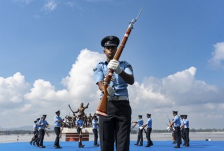 Indian Air Force personnel performs a bayonet drill demonstration on the bank of Brahmaputra river,
