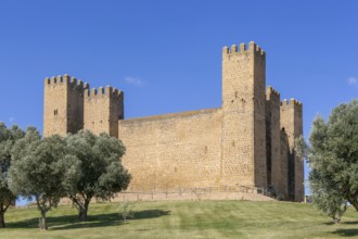 Historic walls and towers of Castillo de Sádaba, Sadaba castle, Zaragoza province, Aragon, Spain