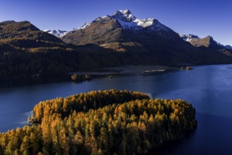 Mountain landscape, mountain lake, larch forest, autumn, autumn color, morning light, sunny, aerial