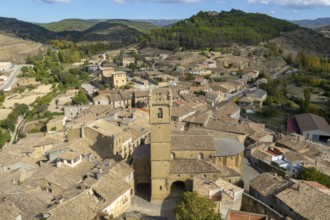 Church tower and rooftops of medieval village of Uncastillo, Cinco Villas, Zaragoza province,