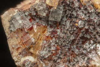 Transparent crystals sit on rocks and reveal their unique shimmer and geological structure. The