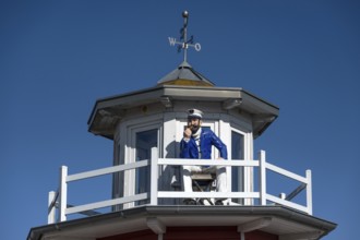 Captain figure on the balcony of a holiday home, Zingst, Darß, Mecklenburg-Western Pomerania,
