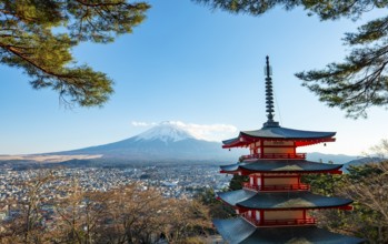 Five-story pagoda of a Shinto Shrine, Chureito Pagoda, with views of Fujiyoshida City and Mount