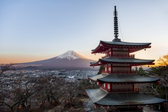 Five-story pagoda of a Shinto Shrine, Chureito Pagoda, with views of Fujiyoshida City and Mount