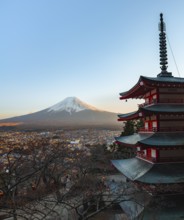 Five-story pagoda of a Shinto Shrine, Chureito Pagoda, with views of Fujiyoshida City and Mount