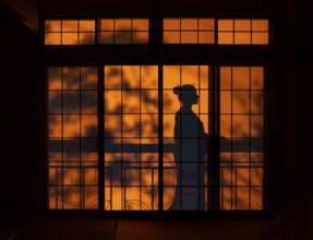 Shadows of a woman in kimono, on the balcony behind sliding shoji doors in a traditional Japanese