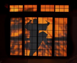 Shadow of a man, burglar with knife, assassin, ninja, on the balcony behind sliding shoji doors in