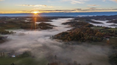 Aerial view, sunrise, typical landscape in autumn with vineyards, South Styrian hills, South