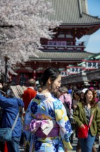Young Japanese woman wearing kimono surrounded by numerous visitors on Nakamise-dori shopping